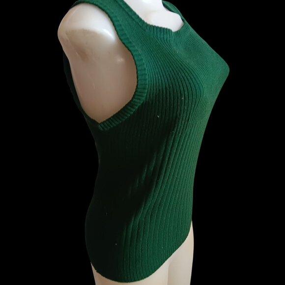 Women's Medium Vintage Sweater Green Ribbed Knit Sleeveless Top 70s Knit - Picture 3 of 5